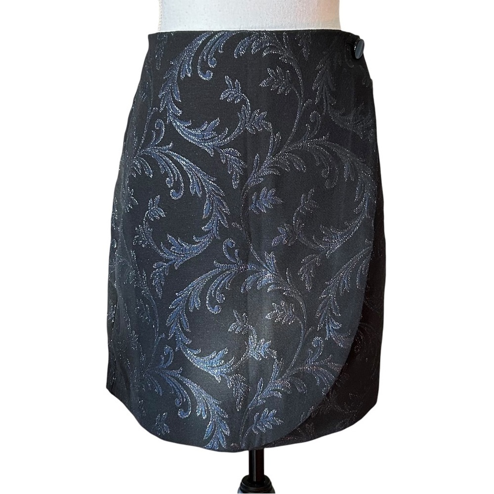NEW LOFT Faux Wrap Jacquard Print Pencil Skirt‎ Women’s SZ 12 in Black & Blue